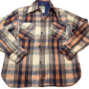 Vintage Montgomery Ward CPO Orange Blue Plaid Linen Wool Flannel Shirt Jacket S